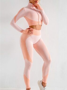 Women's Pink Peach Seamless High-Waist Leggings, Sports Bra and Cropped Zip Up